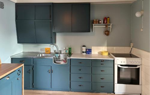 a small kitchen with blue cabinets and a sink at Cozy Home In Nerlandsøya Grunnkrets in Kvalsvik