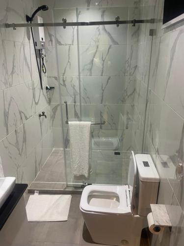 a bathroom with a toilet and a sink at Tropical Enclave Apartment Osu in Accra