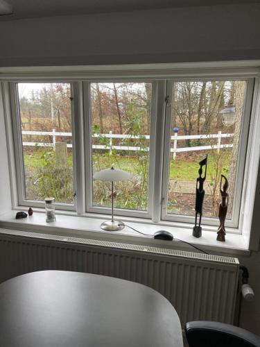 a window with a table and two figurines on it at Peace & tranquility in untouched nature by the Sea in Løkken
