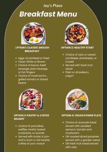 a menu for a breakfast menu of food at Joy's Place - Fourways BnB in Sandton