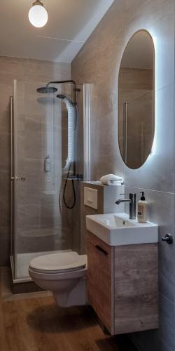 a bathroom with a shower and a toilet and a sink at Hótel Laugarvatn in Laugarvatn