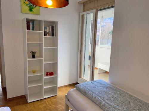 a bedroom with a white book shelf next to a bed at Al Lido by Fewotessin in Locarno