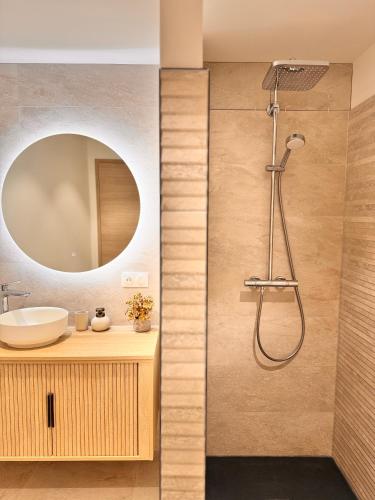 une salle de bain avec un lavabo et un miroir dans l'établissement Le Jardin Japonais Épinal avec terrasse, à Épinal