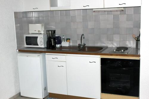 une cuisine avec un évier et un micro-ondes dans l'établissement Studio Ax Pyrénées, à Ax-les-Thermes