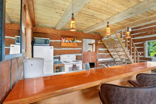a kitchen with a long counter in a cabin at Ozuye Lodge in Fischer