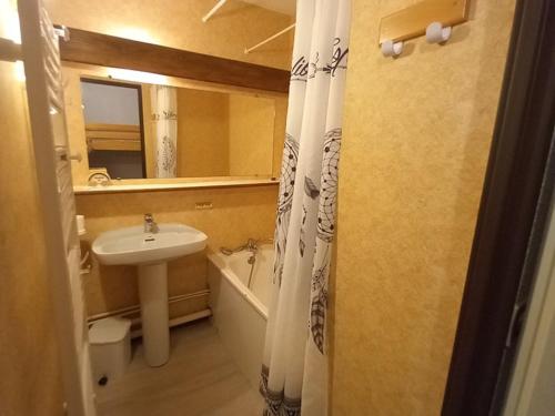 une salle de bain avec un lavabo et un rideau de douche dans l'établissement Charmant T2 proche pistes avec parking et balcon - FR-1-787-79, à Laveissière