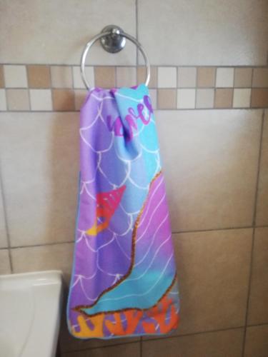 a bag is hanging on a hook in a bathroom at Cabanas Del Mar 45 in Kingsborough