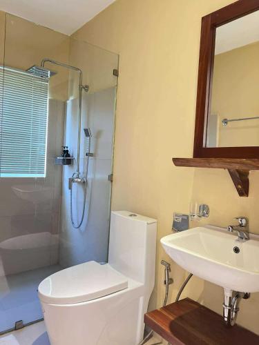 a bathroom with a toilet and a sink and a shower at Boracay Amor Apartment in Boracay