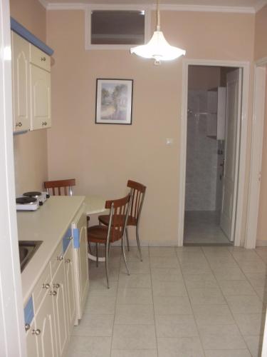 a kitchen and dining room with a table and chairs at Triantis Apartments in Ligia