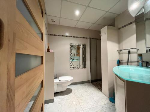 une salle de bain avec toilettes et lavabo dans l'établissement Hippodrome, plages, parking privé, climatisation, à Cagnes-sur-Mer