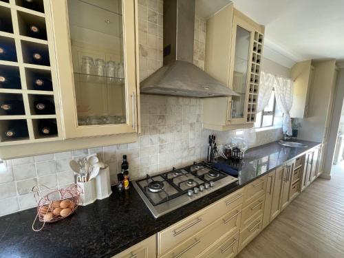 a kitchen with a stove and a counter top at Bird's View Guest Accommodation in Hermanus