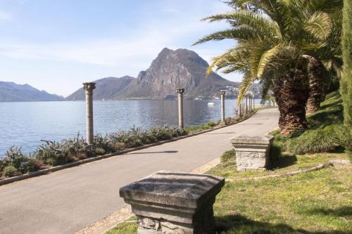 a road next to a body of water with a palm tree at Residenza Tasso Sul Lago - Happy Rentals in Ruvigliana