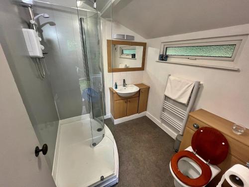 a bathroom with a shower and a toilet and a sink at Finest Retreats - Beach Cove in Hodgeston