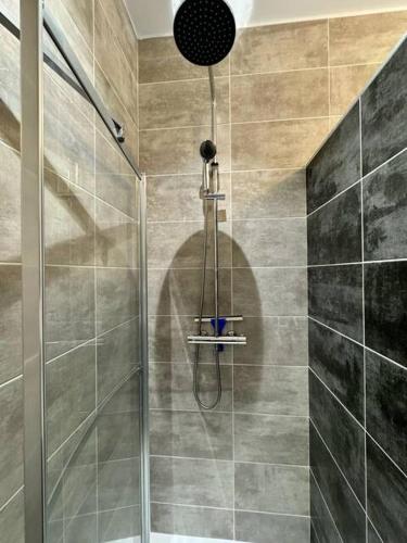 une douche avec une porte vitrée dans une salle de bain dans l'établissement L'Olive, élégant studio en pleine nature, à Hyères