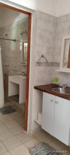 a bathroom with a sink and a shower at Sol y Paz Valle Grande San Rafael in San Rafael