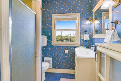 a bathroom with a toilet and a sink and a window at Little Yellow House in Dripping Springs