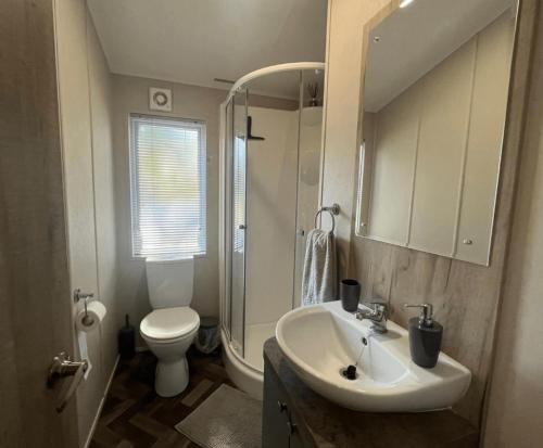a bathroom with a sink and a shower and a toilet at 1 Bullrush in Tattershall