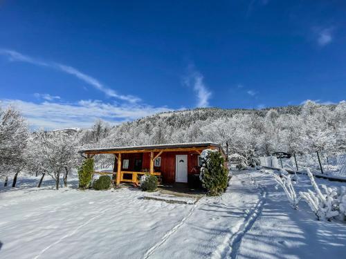 a cabin in the snow with snow covered trees at Home La Sierra with JACUZZI in Korenica