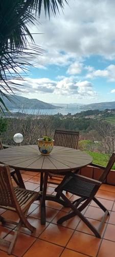 a wooden table with two chairs and a bowl of fruit at El jardín secreto in Viso
