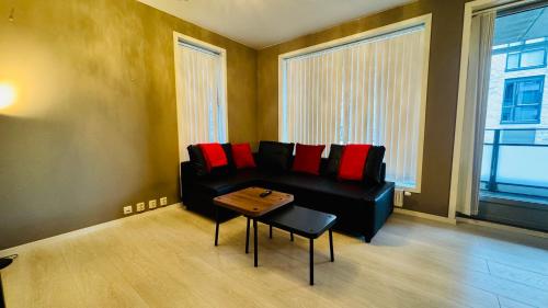 a living room with a black couch and red pillows at Modern 1BR Flat in Oslo - Central & connected in Oslo