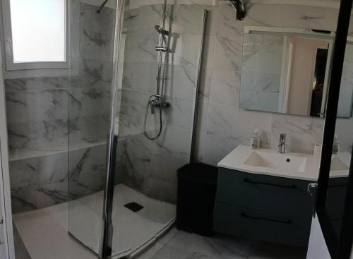 une salle de bain avec douche et lavabo dans l'établissement T2 calme centre ville, à Corte