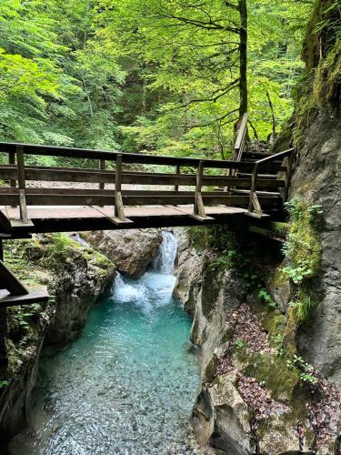 a wooden bridge over a river with a waterfall at Klamm Lodge in Weissbach bei Lofer