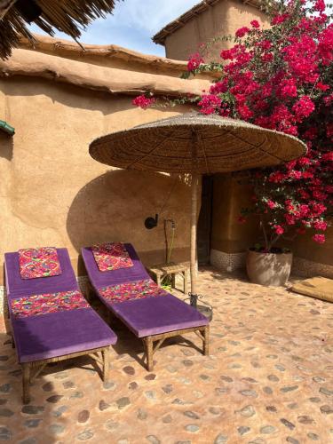 two purple chairs and an umbrella in front of a building at Riad Beldi by MaHa in Oulad Teima