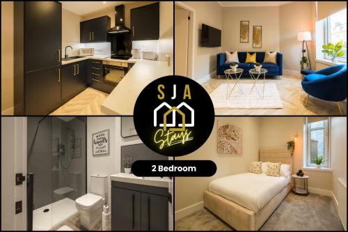 two pictures of a kitchen and a living room at West End Retreat - SJA Stays - 2 Bed Apartment in Aberdeen