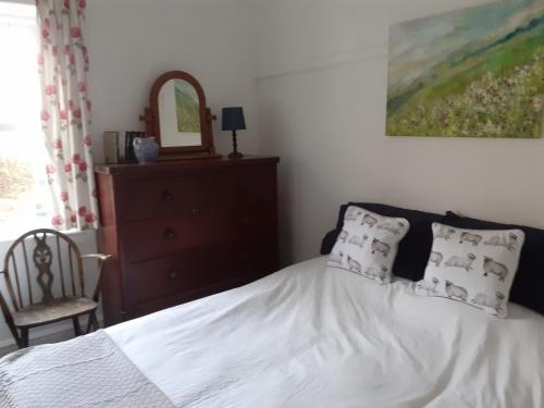 a bedroom with a bed and a dresser and a mirror at Robert's Cottage in Abergynolwyn