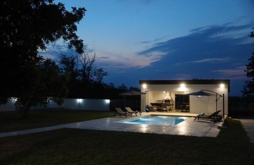 a house with a swimming pool at night at Vila Marra in Čurug