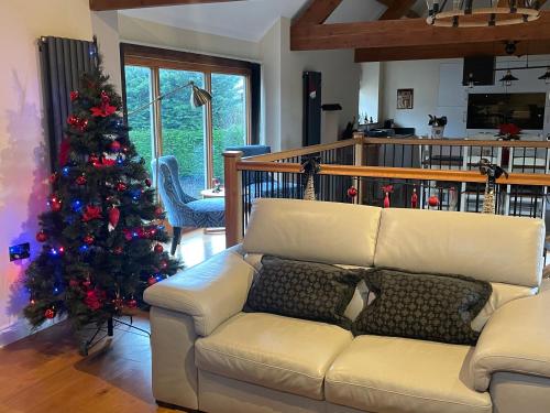 a living room with a christmas tree and a couch at Rivington Barn in Kerne Bridge