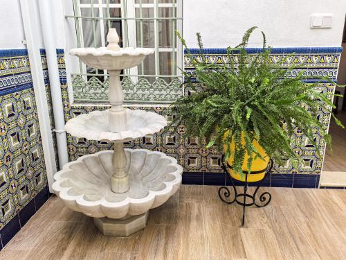 a fountain in the middle of a room with two plants at Palacete BARSANZ HOME in Alcalá del Valle
