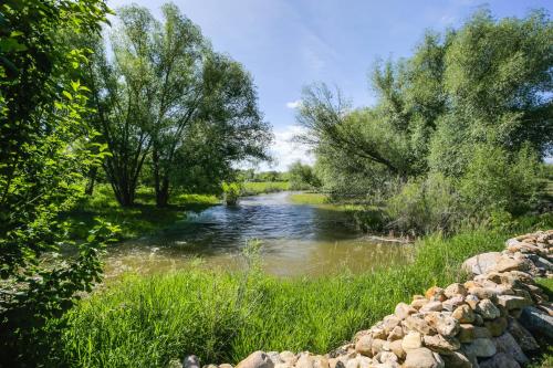 a river with grass and trees on the side at Stunning Sheridan Ranch Villa Mountain View! in Sheridan
