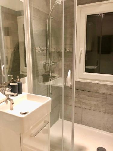 une salle de bain avec douche et lavabo dans l'établissement Joli nid douillet au Vieux-Port, à Marseille