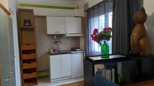 une cuisine avec un vase de fleurs sur une table dans l'établissement REF 01 studio BAGNEUX 5 minutes à pied métro BARBARA ligne 4, à Bagneux