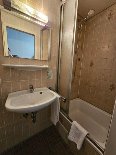 a bathroom with a sink and a shower and a tub at Hotel & Restaurant Krone in Rehau