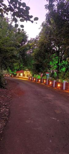an empty road with trees and lights on the side at Shantadurga Beachside Homestay in Guhagar