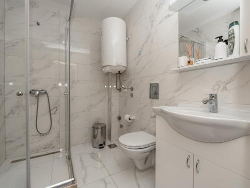 a bathroom with a toilet and a shower and a sink at Apartments 4U in Dobra Voda