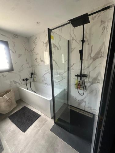 La salle de bains est pourvue d'une douche et d'une cabine de verre. dans l'établissement Magnifique maison de village avec piscine chauffée et jacuzzi, à Montfrin