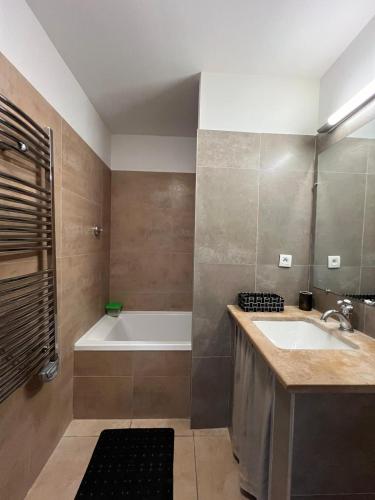 une salle de bain avec une baignoire et un lavabo dans l'établissement Maison T3 avec spa, à Saint-Laurent-de-la-Cabrerisse