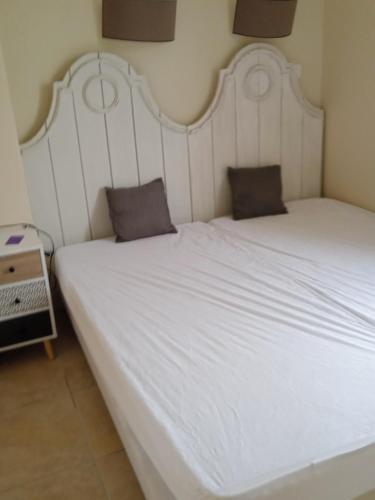 un grand lit blanc avec deux oreillers dessus dans l'établissement Maison T3 avec spa, à Saint-Laurent-de-la-Cabrerisse