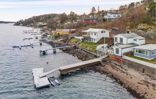 an aerial view of a dock in the water with houses at Gorgeous Home In Sandefjord With Wifi in Sandefjord