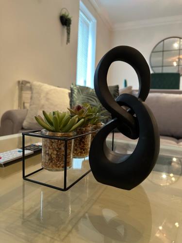 a black sculpture on a table in a living room at Stadium View, by Cardiff Central, Free Parking in Cardiff