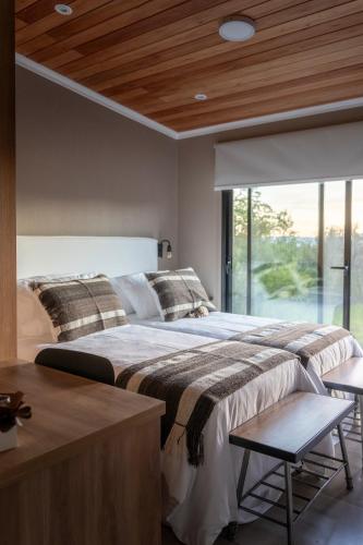 a bedroom with a large bed and a large window at Tylluan Lodge in Trevelín