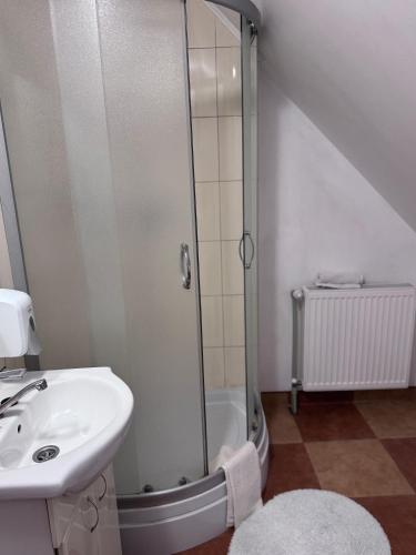 a bathroom with a shower and a sink at Monica in Yanoshi