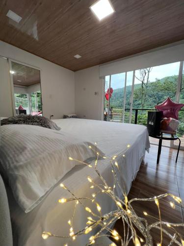 a bedroom with a large bed with christmas lights at Casa campestre Los Nogales BC in Manaure Balcón del Cesar