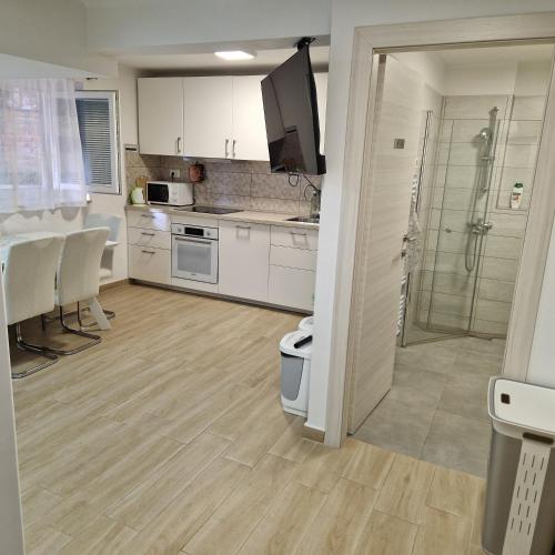 a kitchen with white cabinets and a walk in shower at Apartman Maksimirska 89 Zagreb in Zagreb