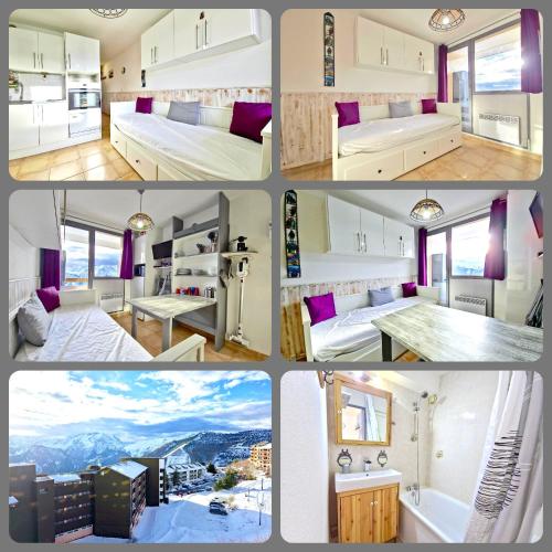 un collage de quatre photos d'une pièce dans l'établissement Idéal vacances Studio 4 personnes Jolie vue sud !, à Huez