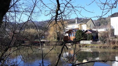 a view of a river with a house in the background at Ferienhaus Burgblick Eichstätt in Eichstätt