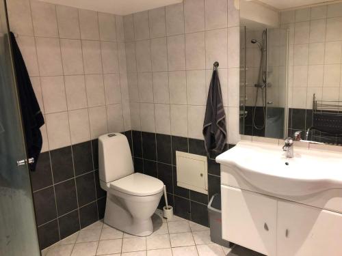 a bathroom with a toilet and a sink at Комната в квартире, 20 минут от центра Осло на общественном транспорте in Grorud